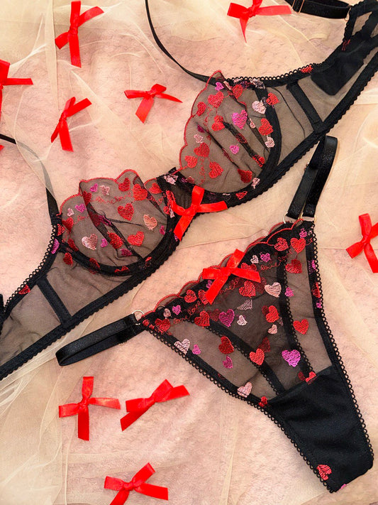 Black with cute hearts lace set